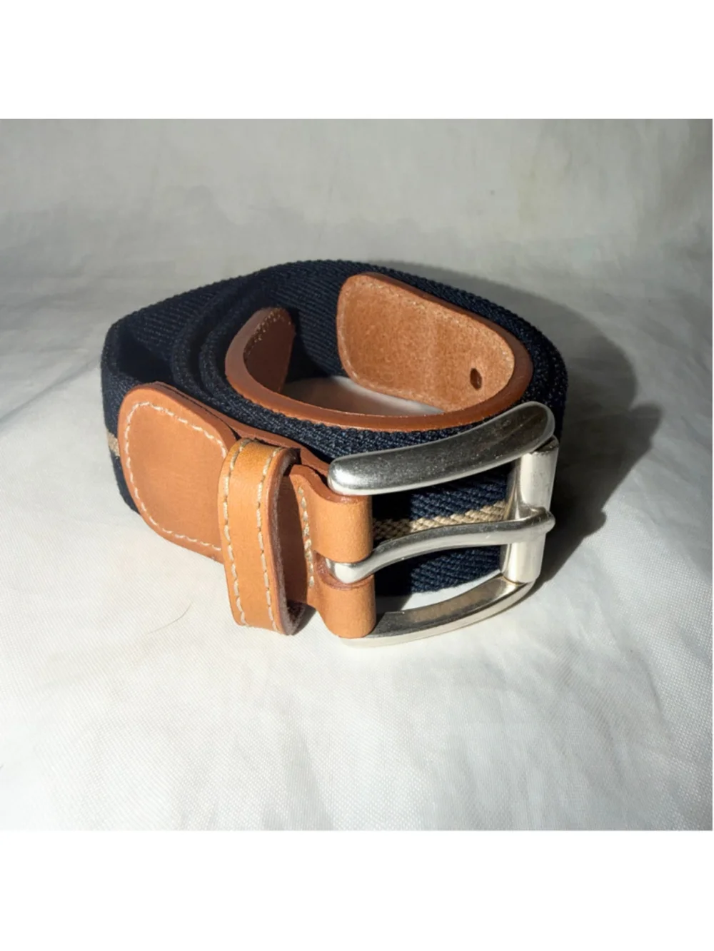NWOT Men's 32/34 LL Bean Leather Canvas Belt Navy Blue/Tan Silver Buckle
